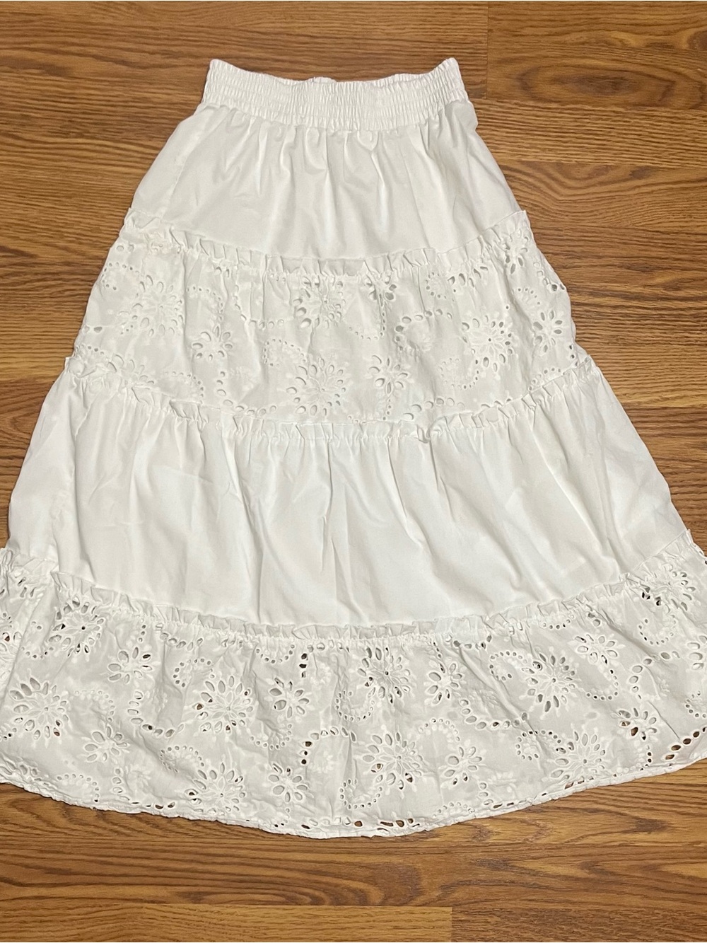 Line + Dot Pixie White Eyelet Tiered Maxi Skirt
